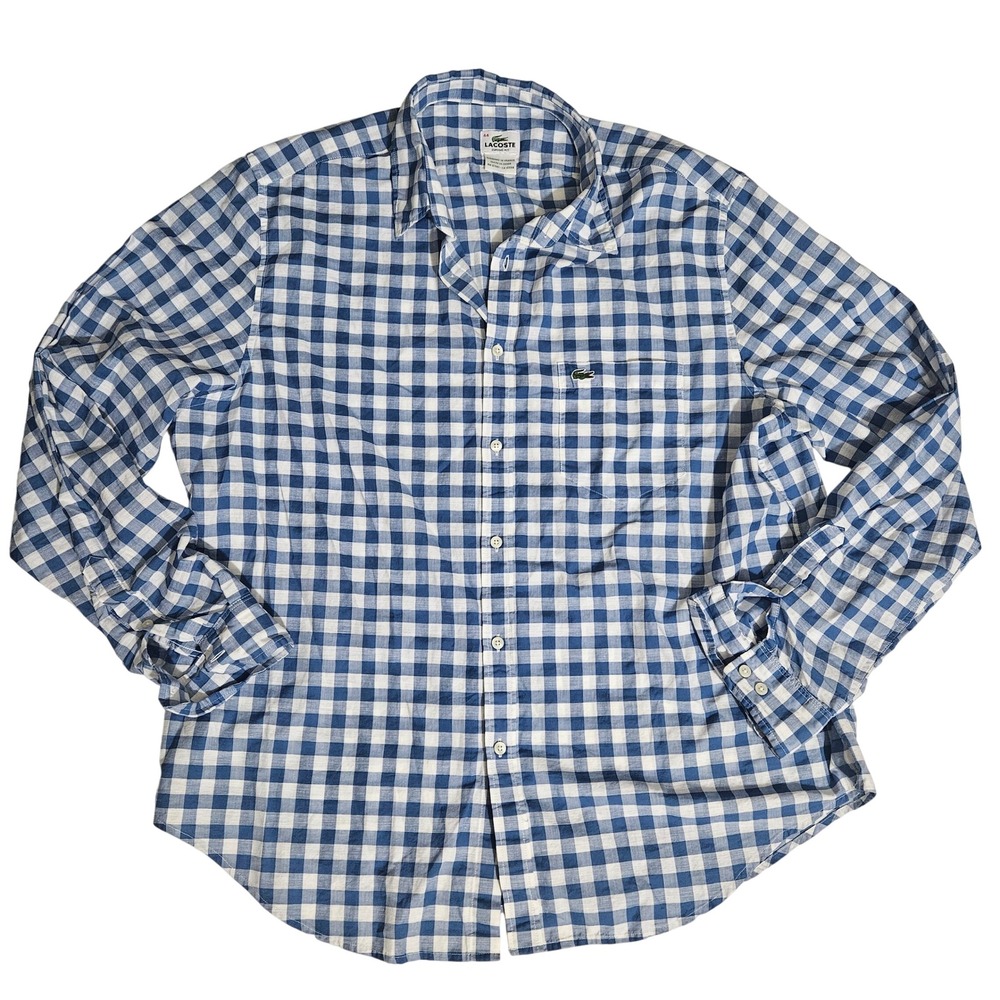 Lacoste Mens Blue White Gingham Check Button Down Shirt Classic Fit Size 44